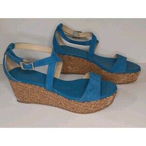 Jimmy Choo Wedge Sandals Blue Suede Cork Espadrilles Made in Spain Size 38